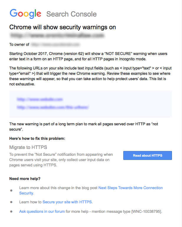 Google Search Console Warning Message for HTTP sites