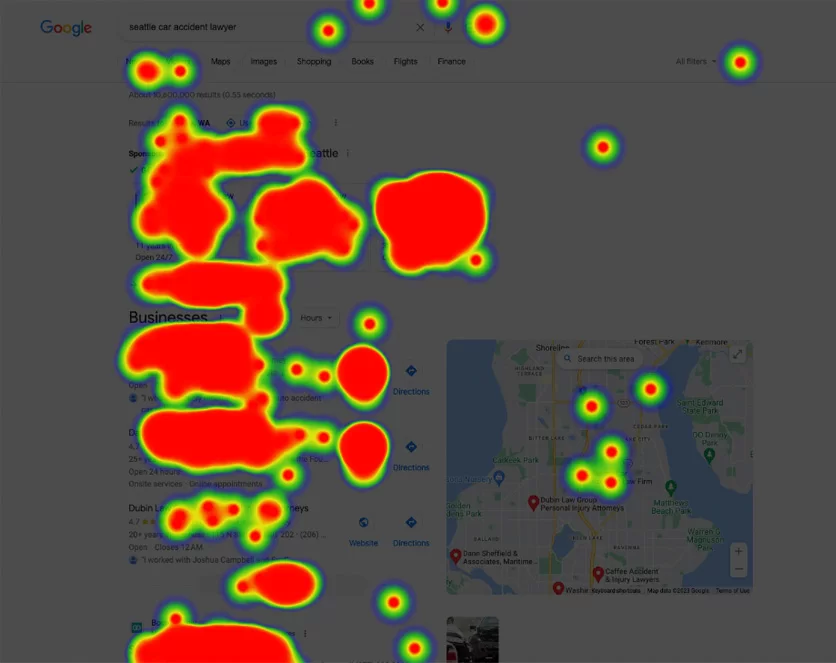 Heatmap of Google serps, including LSAs, text ads, map pack and organic results