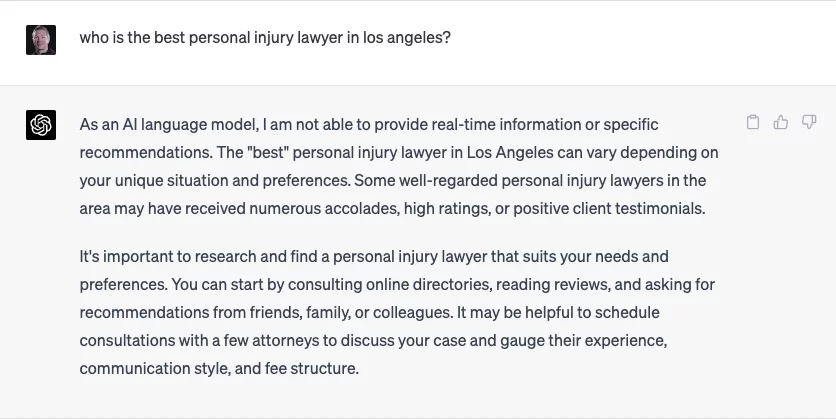 chatGPT question on who is the best personal injury lawyer in Los Angeles